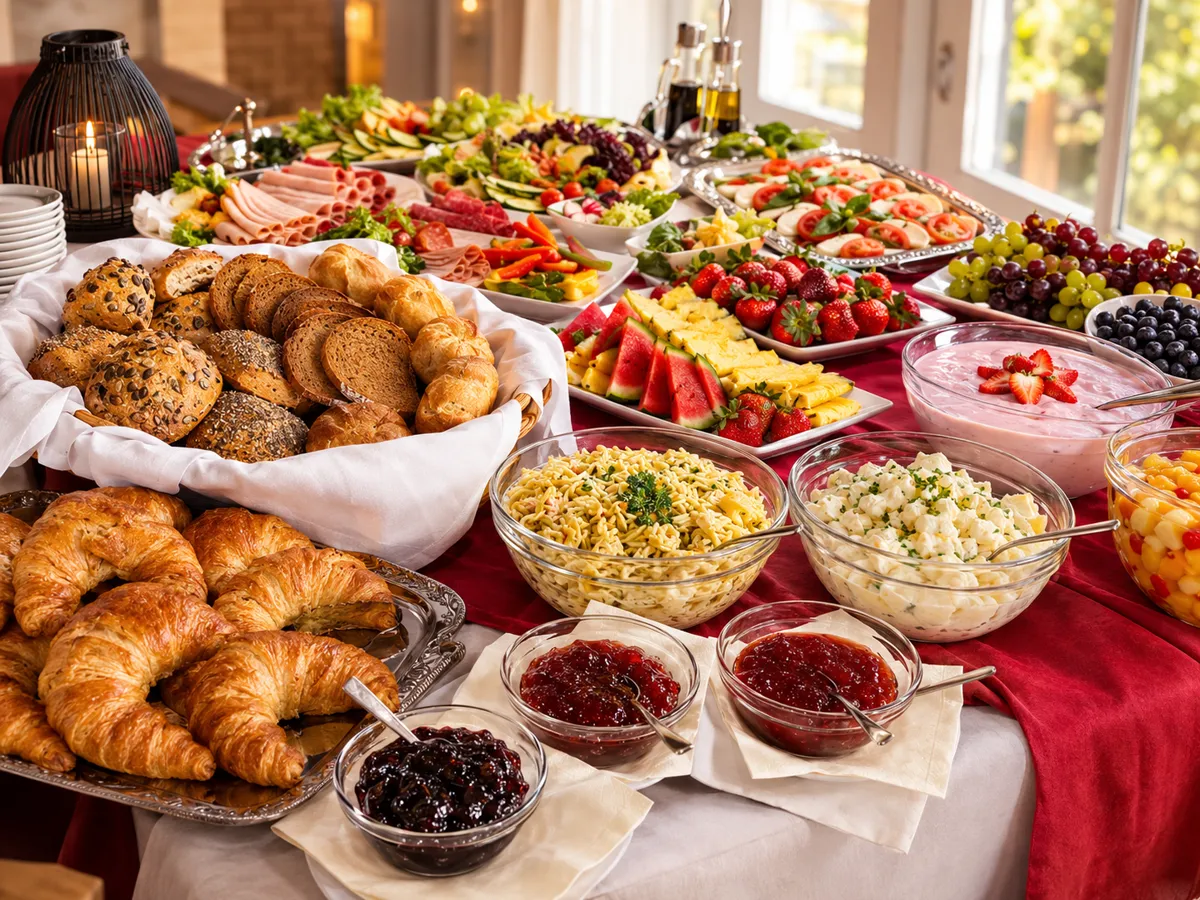 Reich gedecktes Frühstücksbuffet mit Brötchen, Croissants, Wurst, Käse, Obst und Salaten