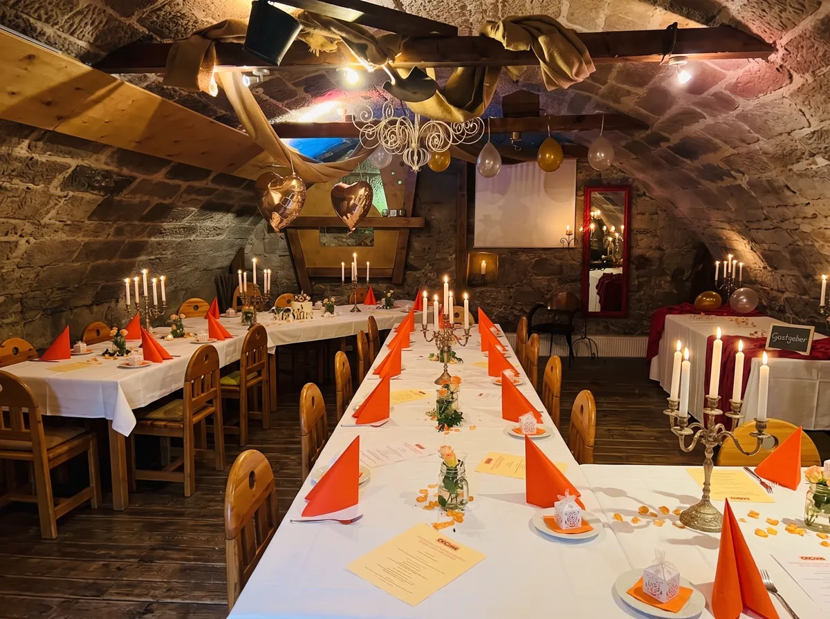 Festlich eingedeckte Tafel im historischen Gewölbekeller der CoCoNo Bar mit Kerzenleuchtern